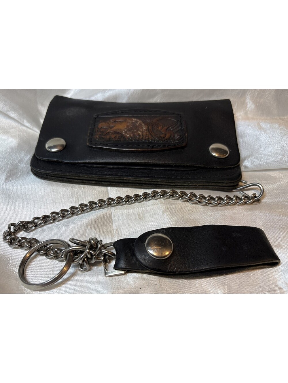 VTG Genuine Handcrafted Leather Biker Bifold Wallet, Chain Black Embossed Eagle